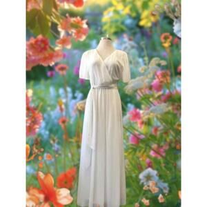 Elegant White Maxi Formal Dress 3X – Flutter Sleeves & Crossbody‎ Top